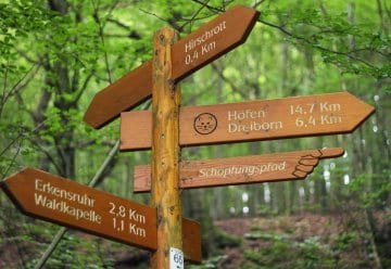 Am Einstieg des Schöpfungspfades weist ein Schild den Weg.