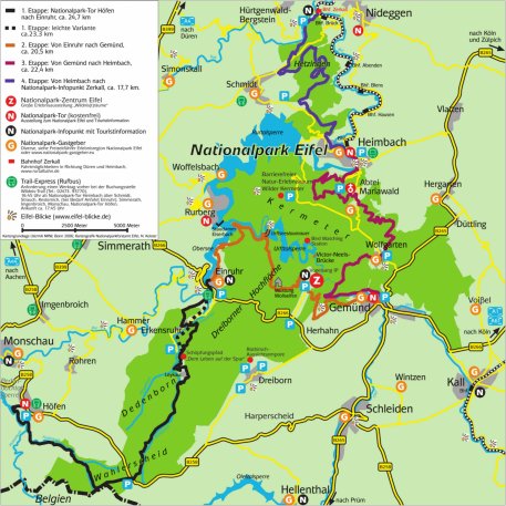 Die Karte zeigt die vier Etappen des Wildnis-Trails, der den Nationalpark Eifel von Süden nach Norden der länge nach durchquert.