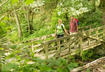 Das Bild zeigt zwei Wanderer, die auf der Dreiborner Hochfläche unterwegs sind.