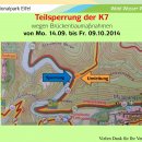 Von Montag, 14. September, bis Freitag, 9. Oktober, erfolgt eine Teilsperrung der K7. Eine Umleitung ist im Gelände ausgeschildert.